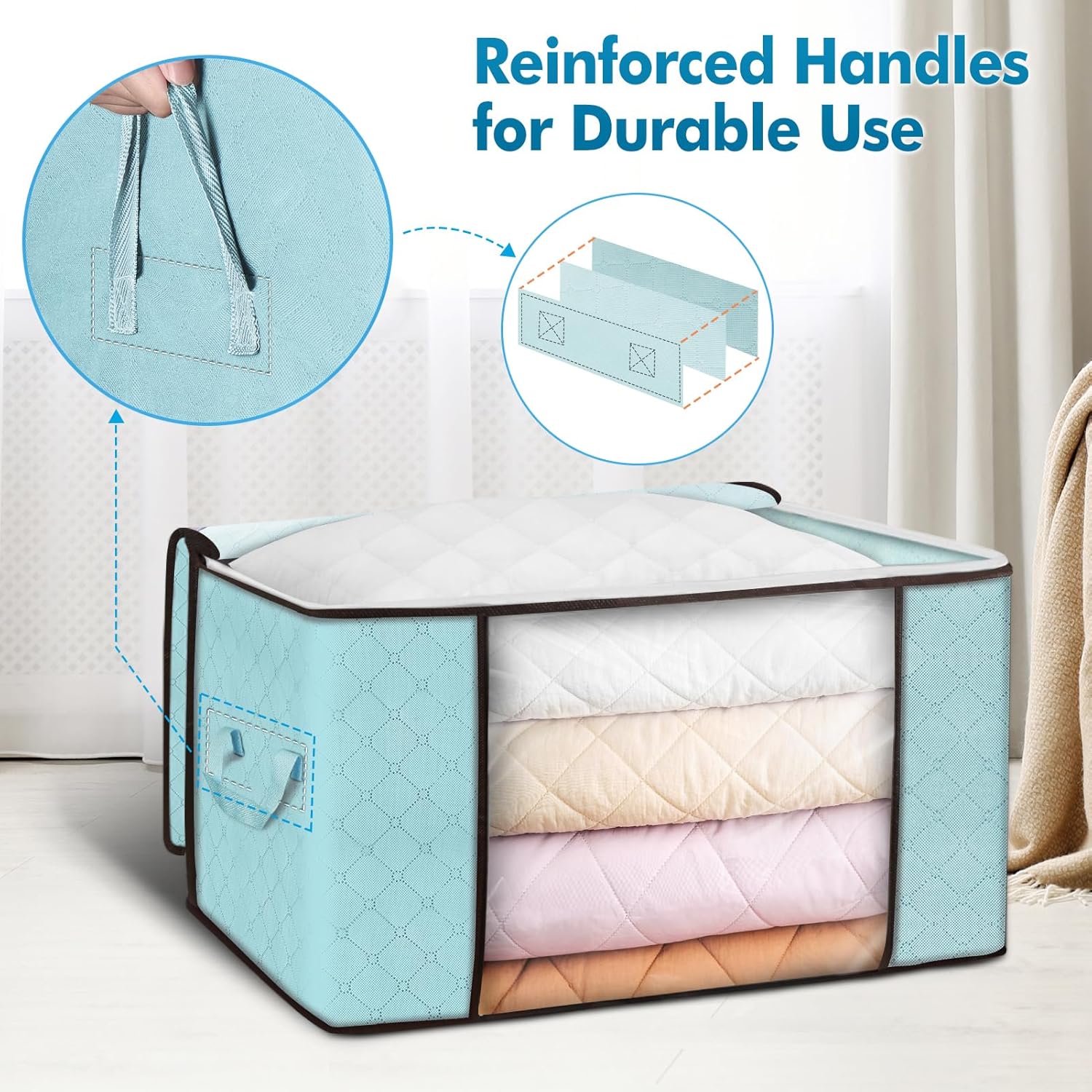 Budding Joy 90 L Large Storage Bags, 6 Pack Clothes Storage Bins Foldable Closet Organizer Storage Containers Storage and Organization for Clothes, Blanket, Comforters, Bed Sheets, Pillows (Blue)