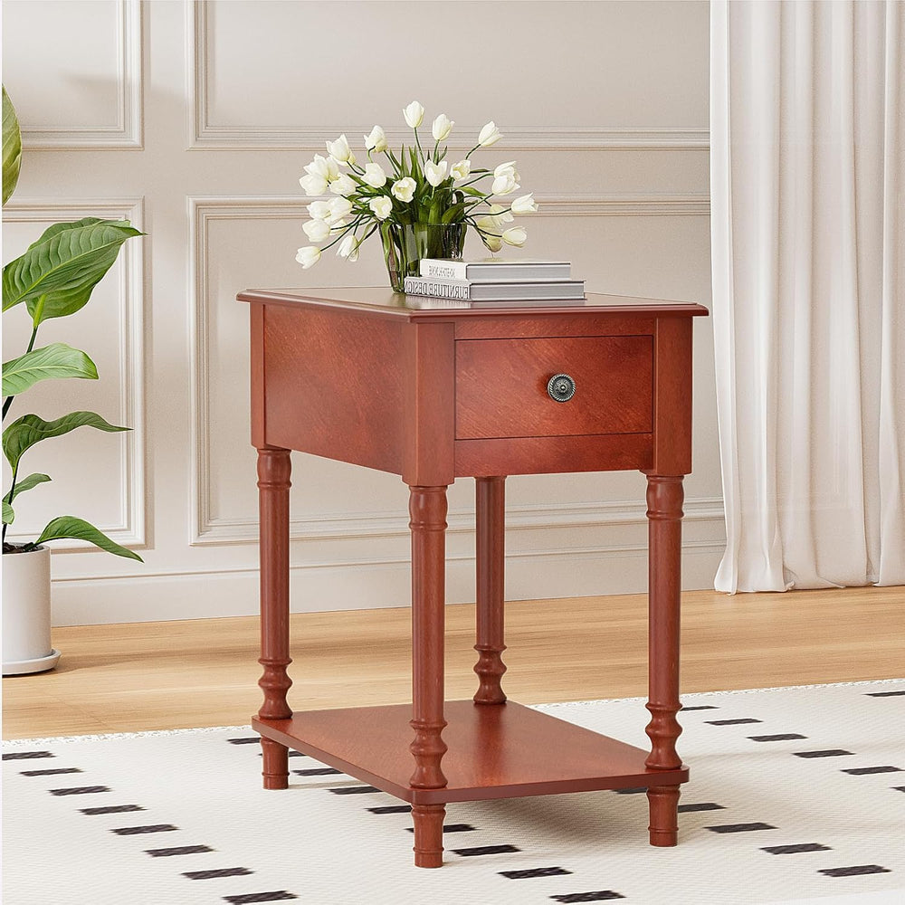 ROOMTEC Solid Wood End Table with Drawer and Shelf, Narrow Side Table Living ...