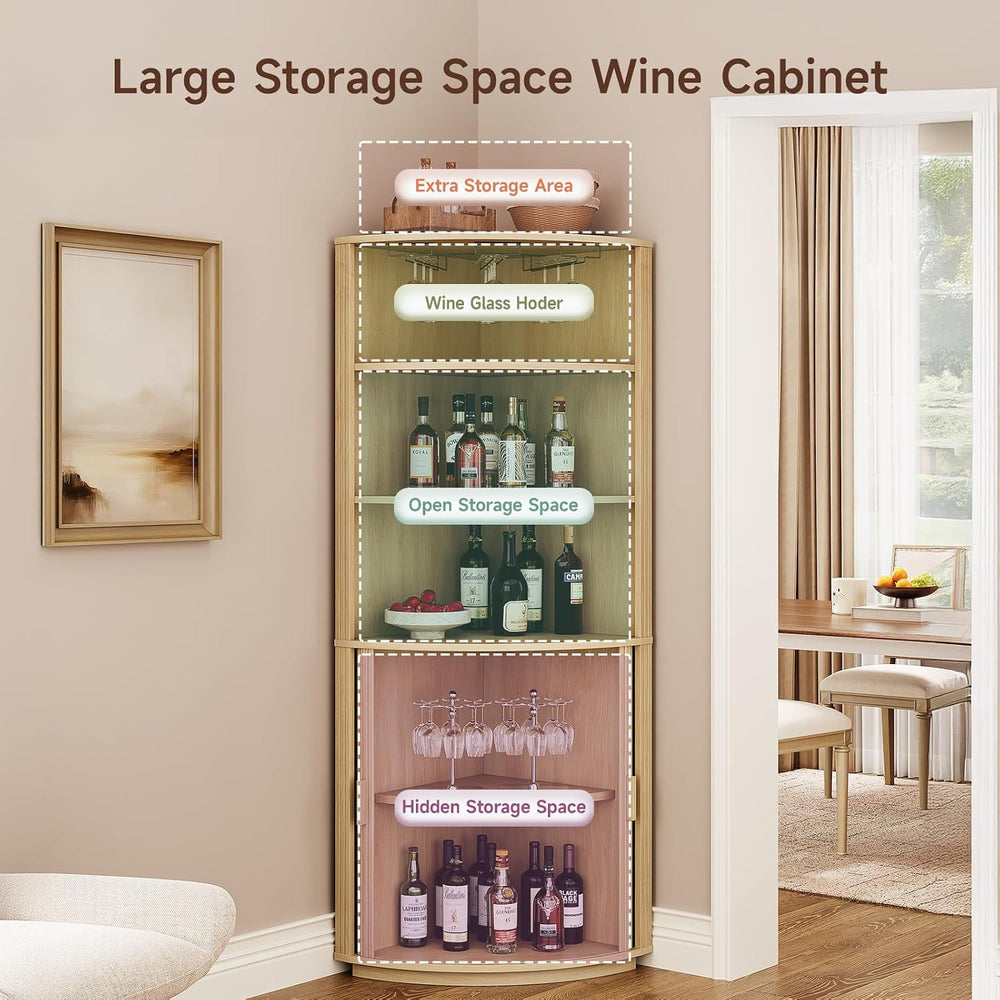 ONBRILL 72" Tall Corner Bar Cabinet with LED Light, Liquor Cabinets, Oak