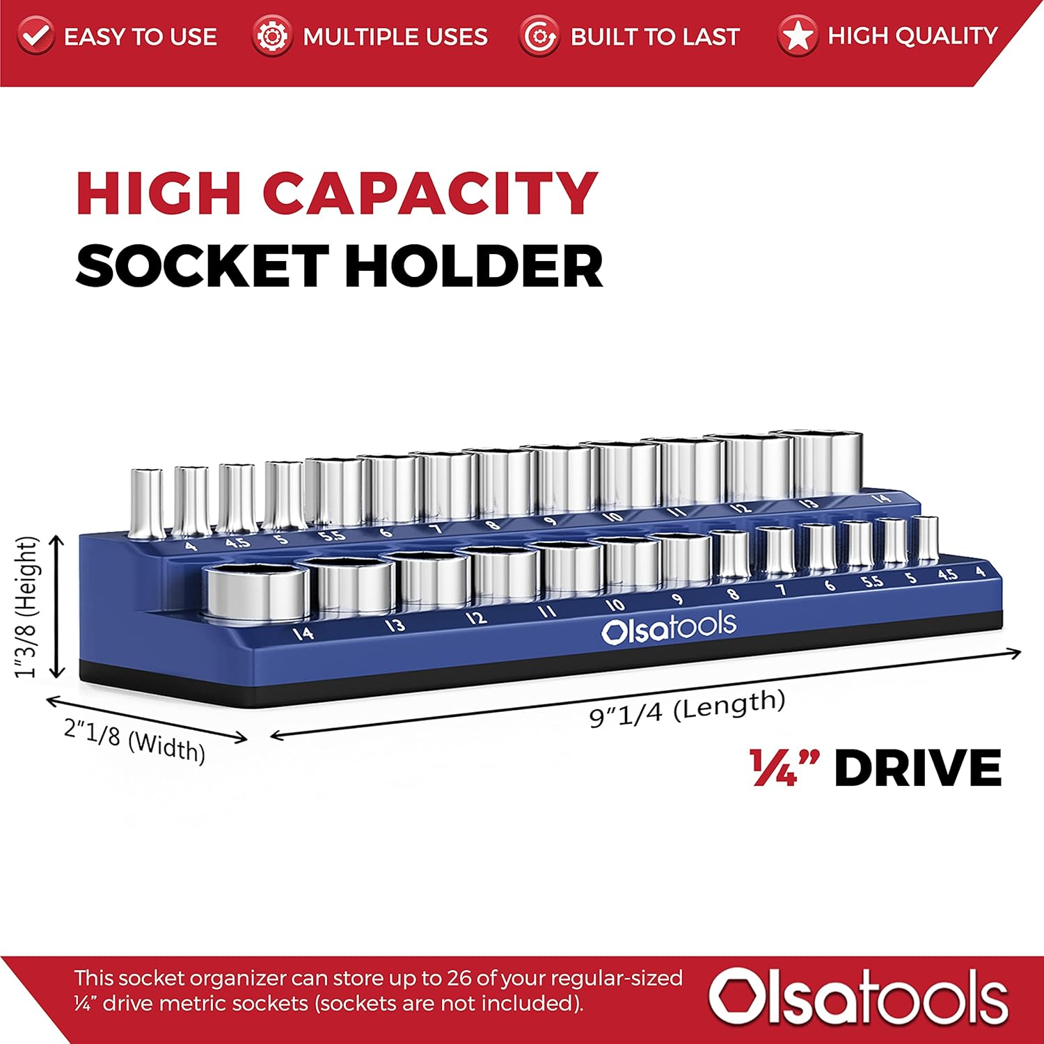 Olsa Tools Magnetic Socket Holder | 1/4-inch Drive | Metric | Blue | Holds 26 Sockets | Professional Quality Tools Organizer