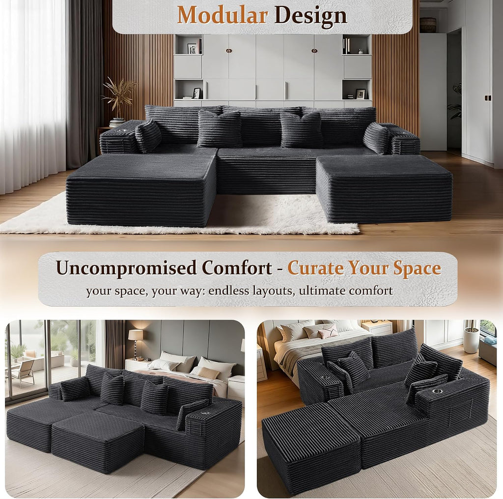 108" Oversized Cloud Sectional Couch, Comfort U Shaped Boneless Couch for Living Room, Extra Deep Seats No Assembly, Modular Sofa, Corduroy (Dark Grey, 2 Seater + Left Facing Chaise + Ottoman)