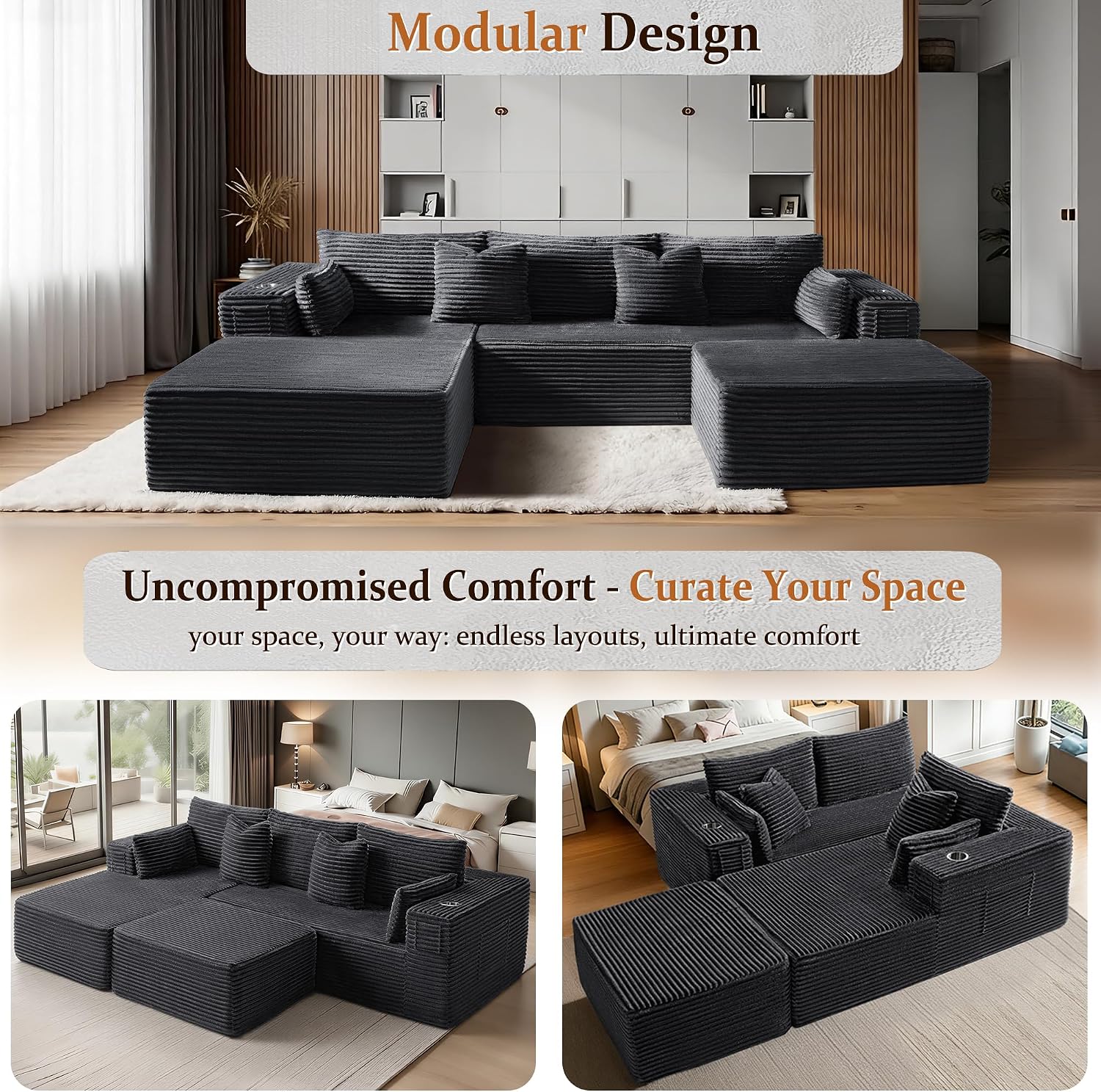 108" Oversized Cloud Sectional Couch, Comfort U Shaped Boneless Couch for Living Room, Extra Deep Seats No Assembly, Modular Sofa, Corduroy (Dark Grey, 2 Seater + Left Facing Chaise + Ottoman)