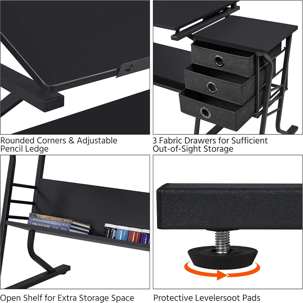 Yaheetech Tilting Drafting Table Art Craft Desk with Stool, Drawers, Black | ...