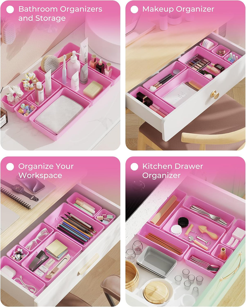 BiuLeon 25 PCS Plastic Drawer Organizers Set, 4-Sizes Vanity and Makeup Organizer, Desk and bathroom Drawer Organizer Trays, Organizers and Storage for Makeup, Jewelry, Gadgets, Utensils(Light Purple)