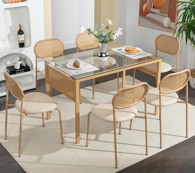 COSVALVE Boho Dining Chairs Set of 6, Upholstered Cane Dining Chair with Rattan Back Metal Legs, for Dinner Living Room Reception