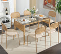 COSVALVE Boho Dining Table Chairs Set of 6, Tempered Glass Tabletop with Rattan Decor, Upholstered Cane Dining Chair with Rattan Back Metal Legs, for Dinner Living Room Reception