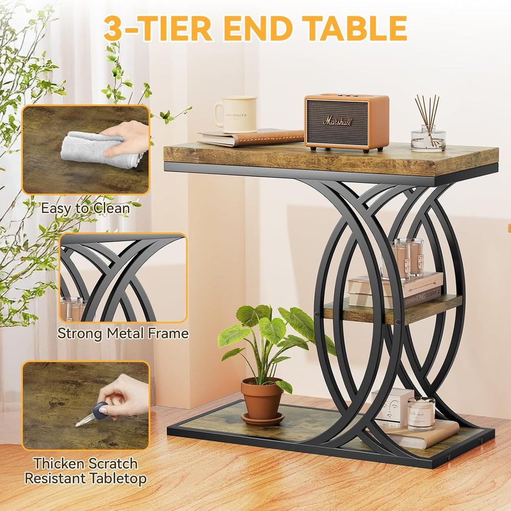 C Shaped End Table, Bed Side Table, 3-Tier Side Table with Metal Frame, Wood ...