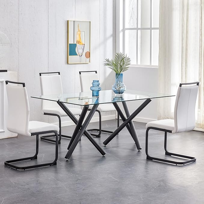 AZmac Modern Leather Dining Chairs Set of 4,Armless Kitchen Chairs,Dining Room Chair with Upholstered Padded Seat and Sturdy Chrome Legs for Dining Room,Kitchen (Set of 4, White-Black Leg)