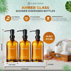 Amber Glass Shampoo and Conditioner Dispenser Set – Refillable 16 OZ Bottles with Pump, Concrete Tray Included – Modern Bathroom Organization