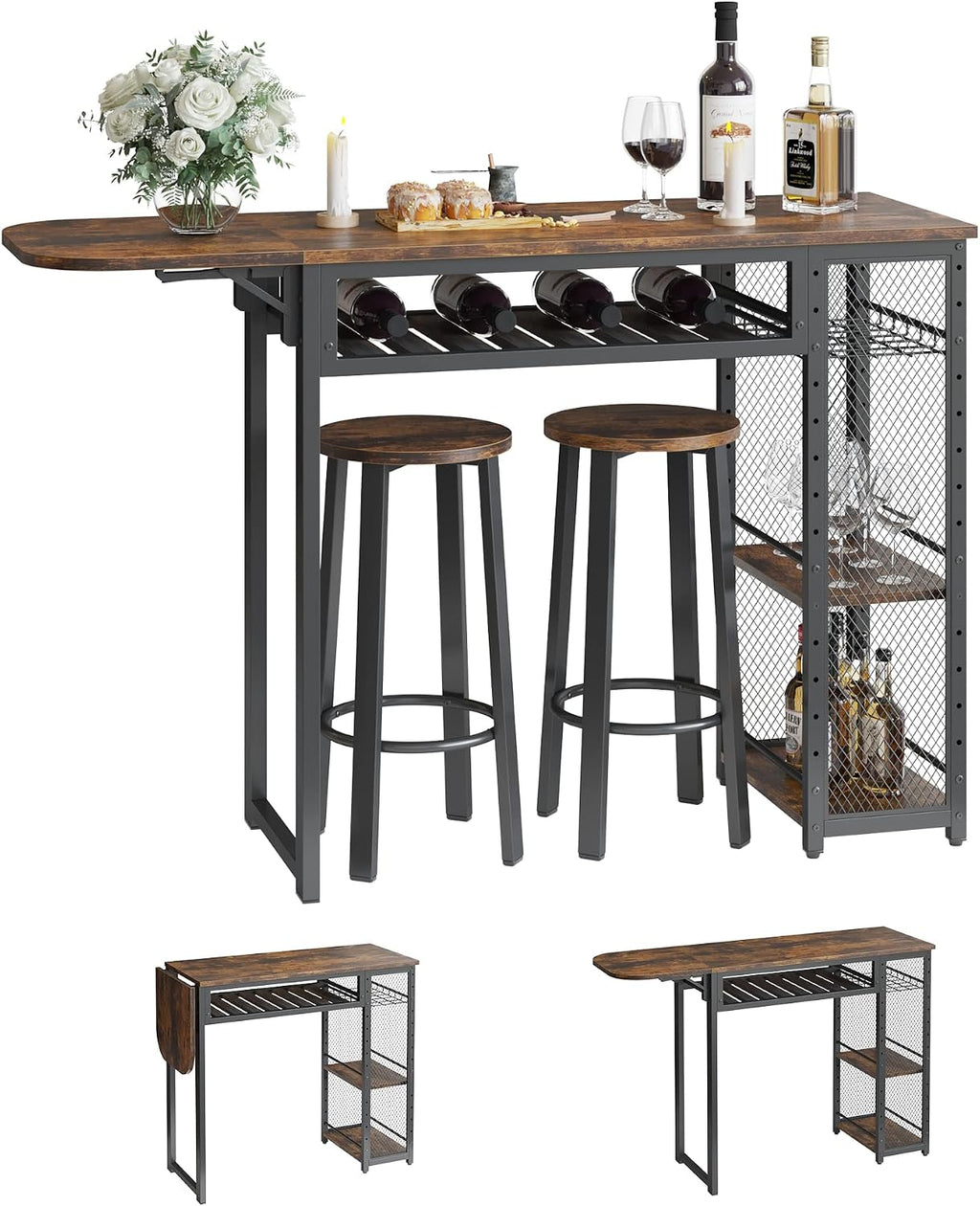 Bestier Bar Table and Chair Set, Expandable Dining Table with 2 Bar Stools, Industrial Kitchen Counter with Wine Rack & 3 Tier Adjustable Storage Shelves Rustic Brown