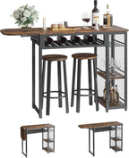 Bestier Bar Table and Chair Set, Expandable Dining Table with 2 Bar Stools, Industrial Kitchen Counter with Wine Rack & 3 Tier Adjustable Storage Shelves Rustic Brown