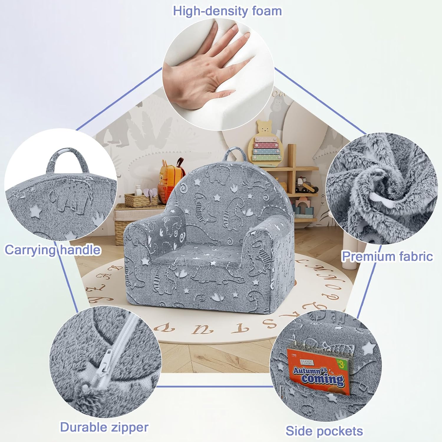 MeMoreCool Kids Chair, Glow Grey Dinosaur Kids Couch Sofa for Ages 3+ | Glow grey dinosaur kids chair, cozy foam armchair for reading corner, plush seat for playroom and kids room