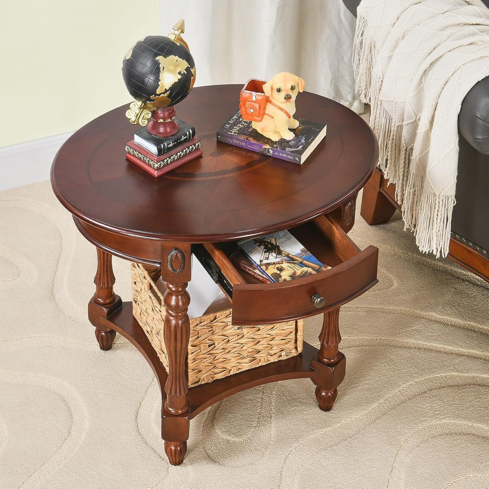 Solid Wood Oval End Table with Drawer, 28"x24" Sofa Side Table with...