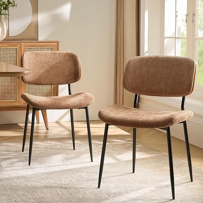 HULALA HOME Dining Chairs Set of 2 Mid-Century Modern Upholstered Kitchen Dining Room Chairs with Wood Curved Backrest, Black Metal Legs Fabric Dinner Chair for Living Room Cafe Restaurant Camel