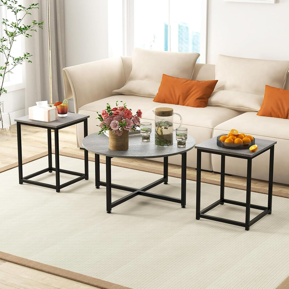 COSTWAY Coffee Table Set of 3, Wood Grain Round Coffee Table and 2 Square End...