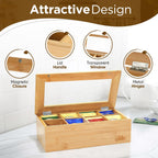 Fuller Bamboo Tea Box Organizer with 8 Compartments – Natural Bamboo Tea Storage Case with Clear Acrylic Lid – Elegant Fuller Tea Caddy for Tea Bags, Coffee Pods, Spices & More – Home & Office