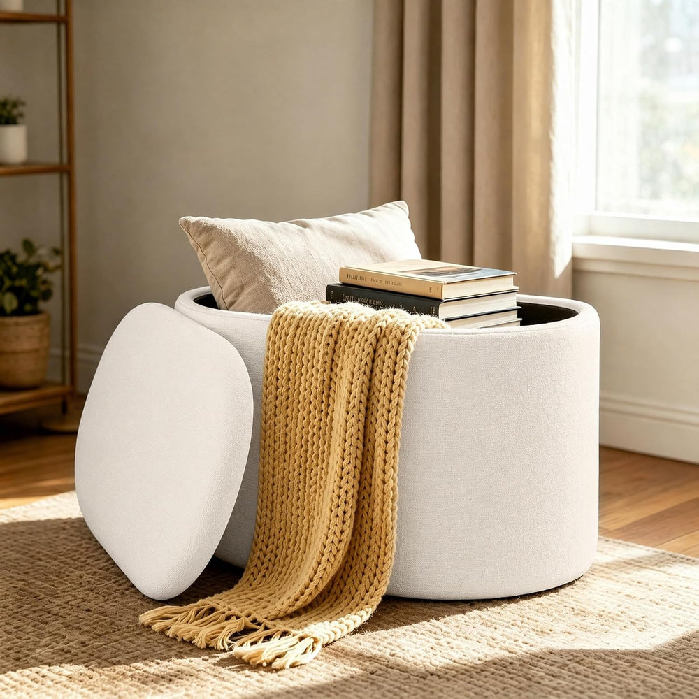 Oval Ottoman with Storage for Living Room, Modern Linen Fabric Foot Stools Ot...