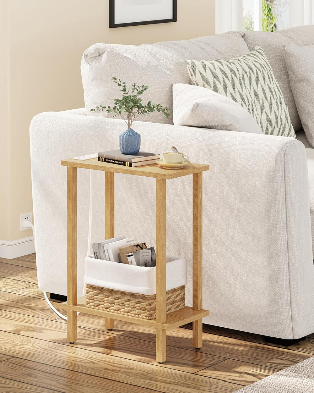 TUTOTAK Small End Table with Charging Station, Narrow Side Table with USB Por...