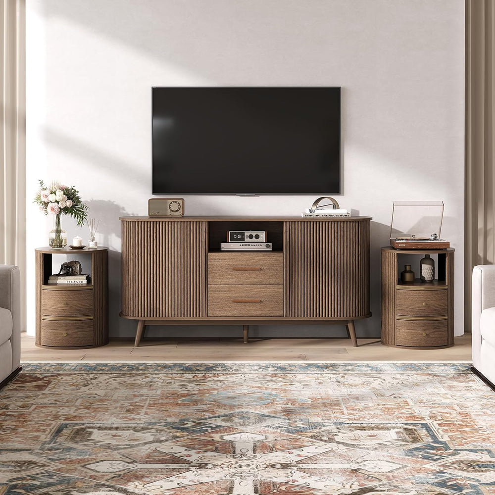 JOINICE Round End Tables Living Room, Fluted End Table with 2 Drawers and Ope...