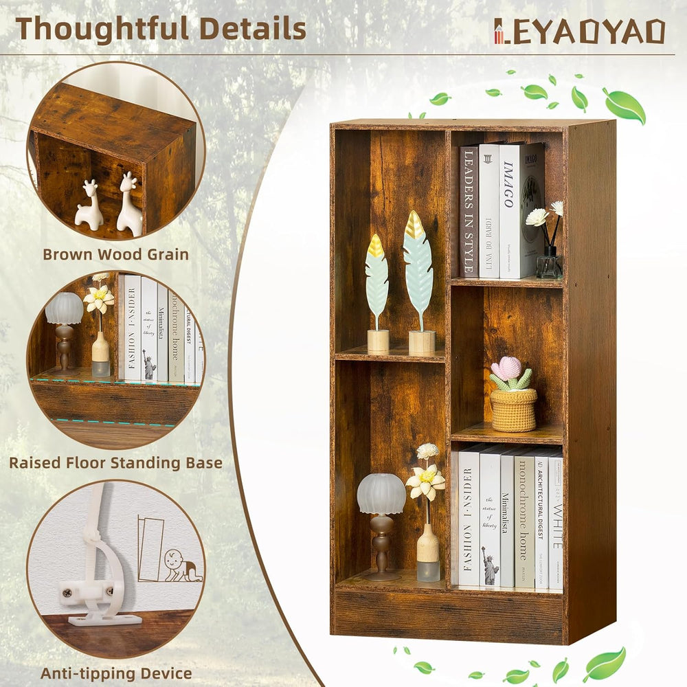 LEYAOYAO 5 Cube Mid-Century Modern Brown Wood Bookcase, 3 Tier Storage Organi...