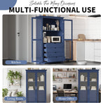 JIJIWANG Kitchen Pantry Cabinet,Coffee Bar Storage with Glass Doors and 4 Built-in Drawers,Food Pantry for Kitchen,Dining Room,Living Room and Garage,Home Office,Blue