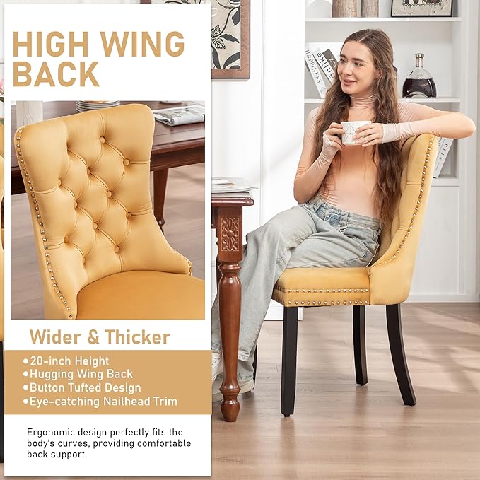 Mid Century Modern Dining Chair Set of 6 Velvet Upholstered Dining Accent Chair Farmhouse Dining Chairs with High Back and Nailhead Trim for Kitchen, Living Room, Bedroom (Gold)