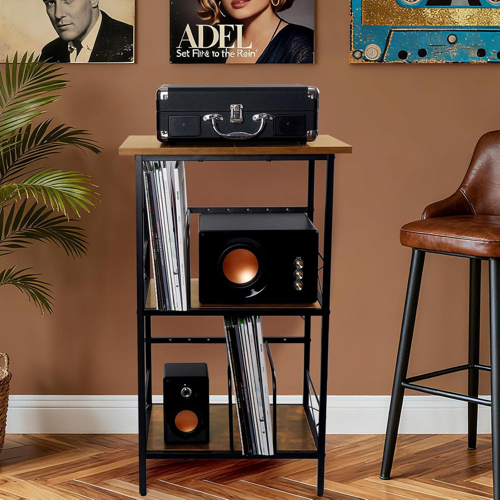 Record Player Stand with 4 Adjustable Dividers, Vinyl Record Storage Holds 20...