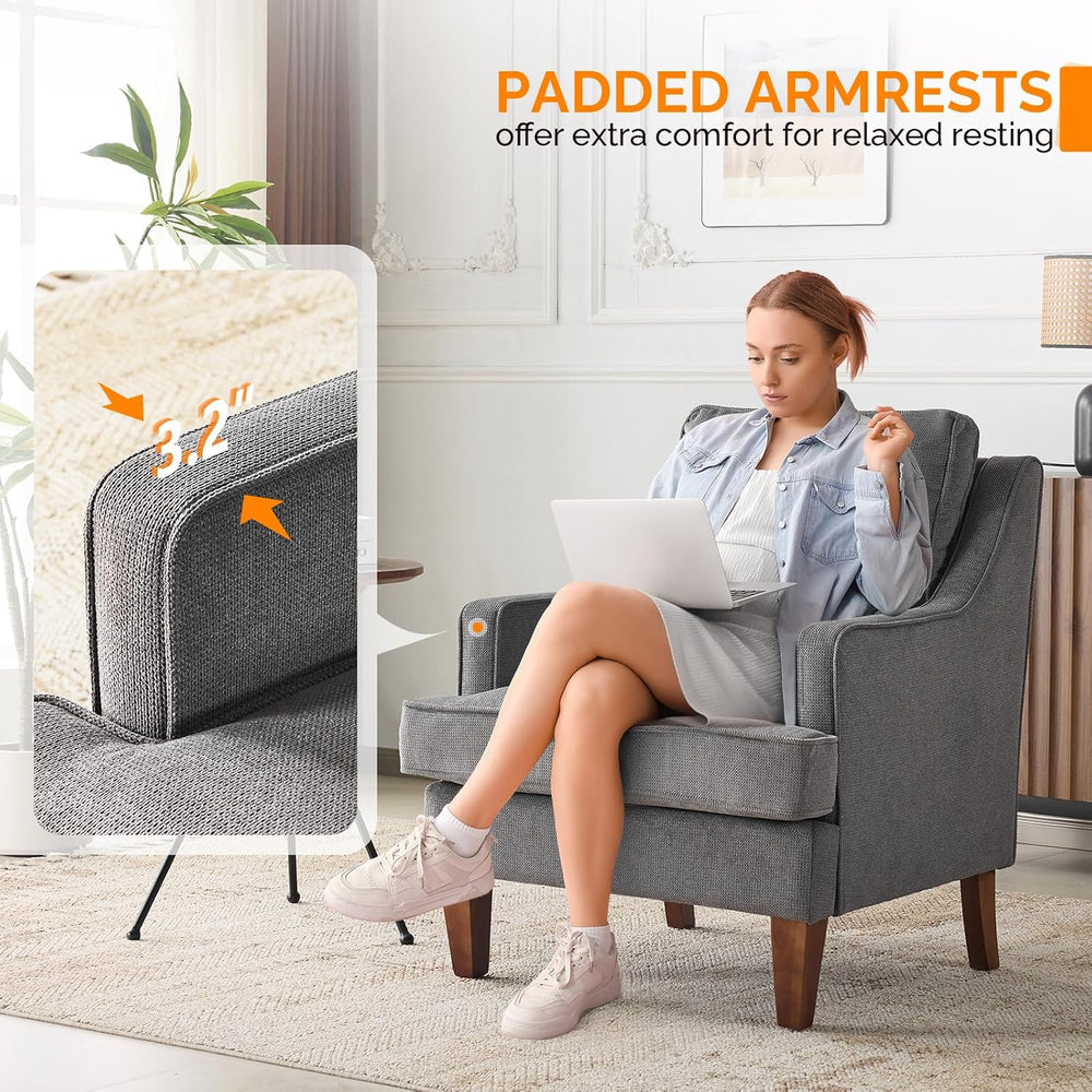 VINGLI Mid-Century Modern Accent Chair, Light Grey Upholstered Armchair Comfy...