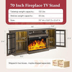 MXV 70'' Fireplace TV Stand, Farmhouse Entertainment Center with 3 Sided Glass TV Stand, Modern Media Console Table with Storage Drawers & Cabinets with LED Flame and Lights for Living Room, Gray