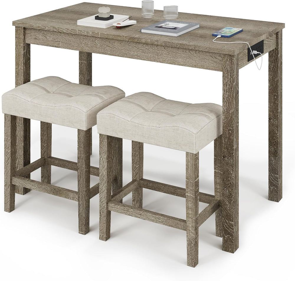 allamazing 3-Piece Counter Height Bar Table Set with Socket and 2 Fabric Padd...