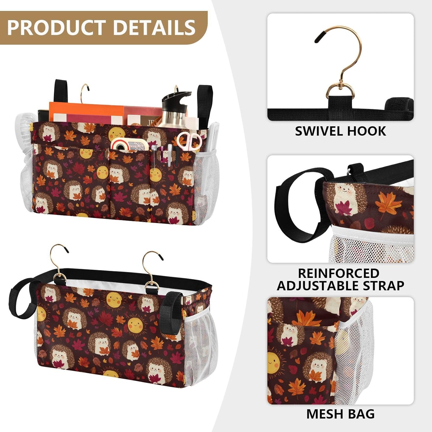 Autumn Leaves Sun Hedgehogs Brown Bedside Caddy for Dorm Bed Bedside Hanging Caddy Bag Iron Frame Storage Organizer Pocket for Bunk Home College Hospital Beds 2 Hooks