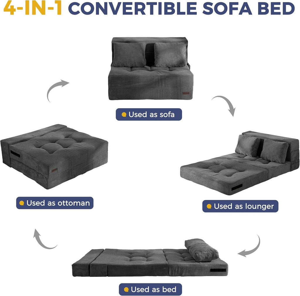 MAXYOYO Convertible Sofa Bed, Fold Out Sofa Couch with Pillow for Adults | Loveseat Sofa 4 in 1 Tufted Folding Couch Bed Foam Floor Couch, Lazy Chair for Living Room Bedroom Guest Room, Dark Grey