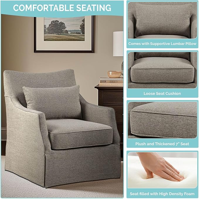 Martha Stewart London Swivel Chair - Solid Wood & Plywood, Skirted Metal Base Accent Armchair, Lumbar Pillow -Modern Classic Family Room Sofa Furniture Bedroom Lounge, 28"X31.5"X35.25", Tan Multi