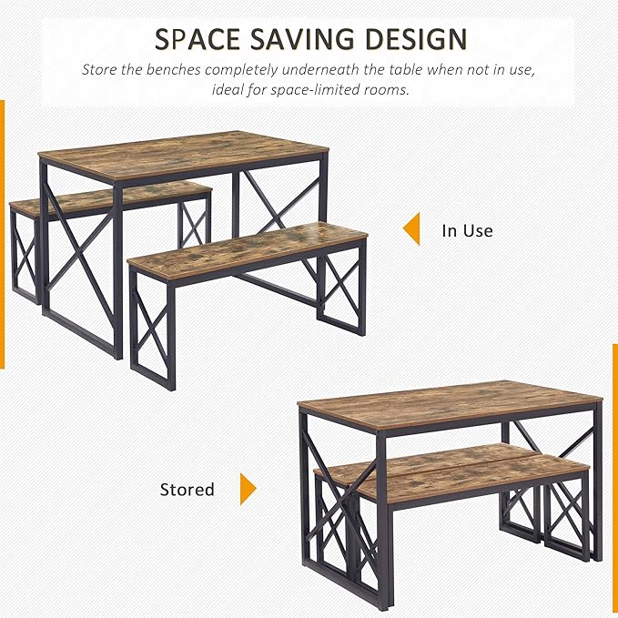 VECELO 43.3 Inch Dining Table Set for 4, Rectangle Dinner Breakfast Dinette with 2 Benches, Thickened Metal Frame & Board, for Kitchen, Living Room, and Small Space, Rustic Brown