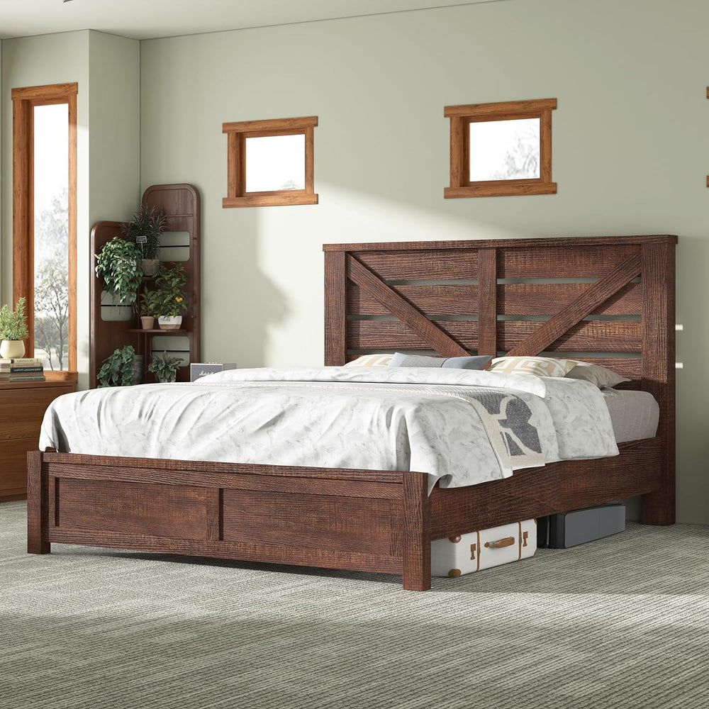 AMERLIFE Farmhouse Queen Size Bed Frame with 49" Barn Door Headboard, Brown