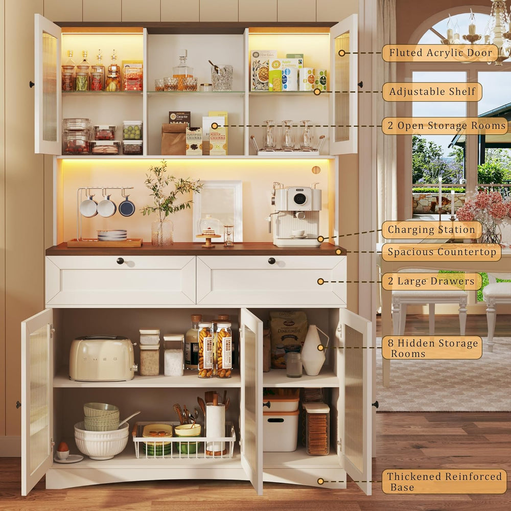 HUAHUU 71" Kitchen Pantry Cabinet with Lights & Acrylic Doors, Pantr...