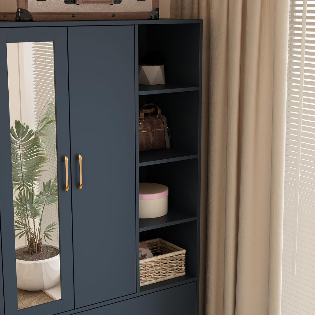 Homsee Wardrobe Armoire Wooden Closet with Mirror, 2 Doors, 2 Drawers, 4 Open Storage Cubes and Hanging Rod for Bedroom, Navy Blue (35.5”L x 15.8”W x 70.8”H)