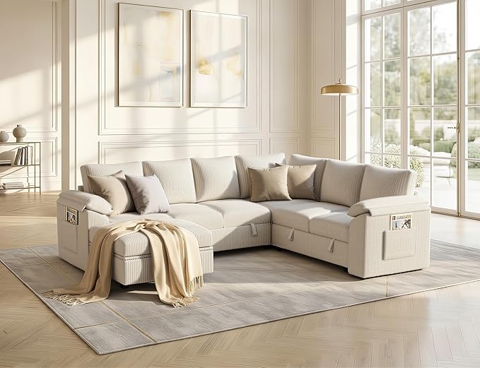 108 Inch Sectional Sleeper Sofa Bed with Pull Out Couch, U Shaped 7 Seat Cloud Modular Sectional Sofa with Storage, Corduroy Sectional Couches for Living Room, Removable Sofa Cover, Beige