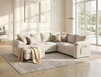 108 Inch Sectional Sleeper Sofa Bed with Pull Out Couch, U Shaped 7 Seat Cloud Modular Sectional Sofa with Storage, Corduroy Sectional Couches for Living Room, Removable Sofa Cover, Beige