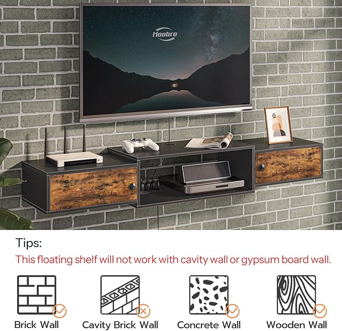 HOOBRO 55" Floating TV Stand with Power Outlet, Modern Wall Mounted Medi...