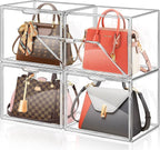 ULENDIS 4 Packs Plastic Purse Storage Organizer for Closet, Clear Display Case for Purse and Handbag, Stackable Storage Boxes Organizer with Magnetic Door for Wallet Book Cosmetic Toys Display