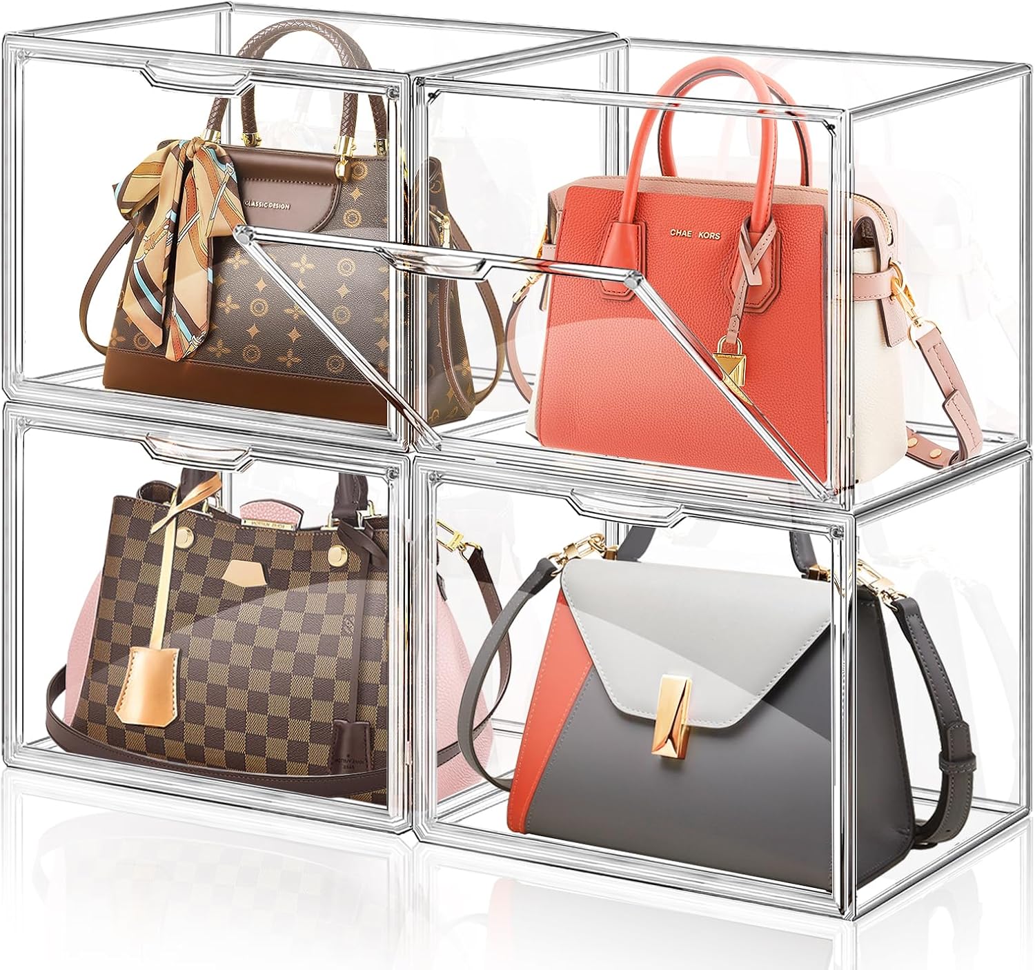 ULENDIS 4 Packs Plastic Purse Storage Organizer for Closet, Clear Display Case for Purse and Handbag, Stackable Storage Boxes Organizer with Magnetic Door for Wallet Book Cosmetic Toys Display