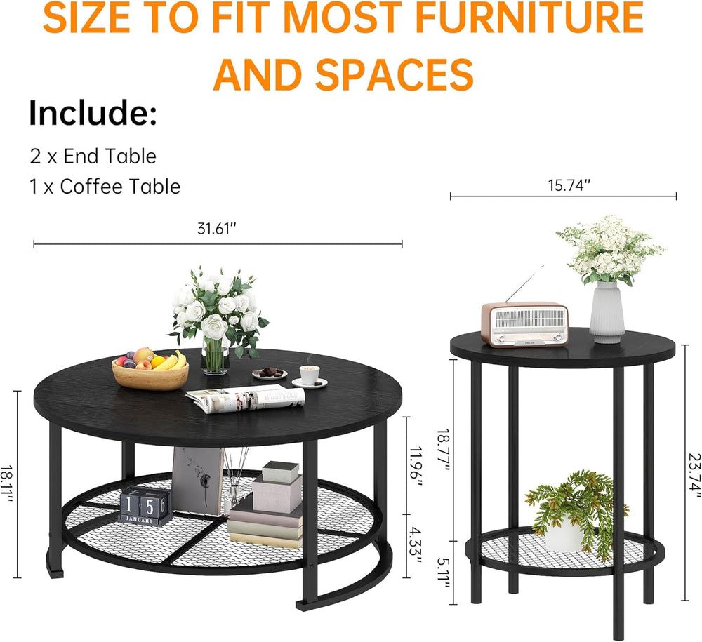 DKLGG 3-Piece Coffee Table and End Table Sets for Living Room, Round Coffee T...
