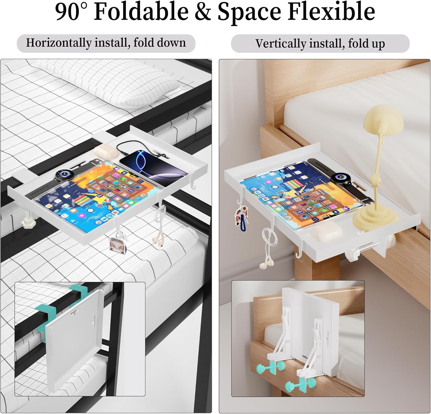 Foldable Bedside Shelf, Metal Clip-On Bed Tray Table for Bunk Bed & Dorm Beds, Dorm Room Essentials Organizer for College Students, Floating Tray, Space Saving Nightstand for Loft Beds (White, Large)