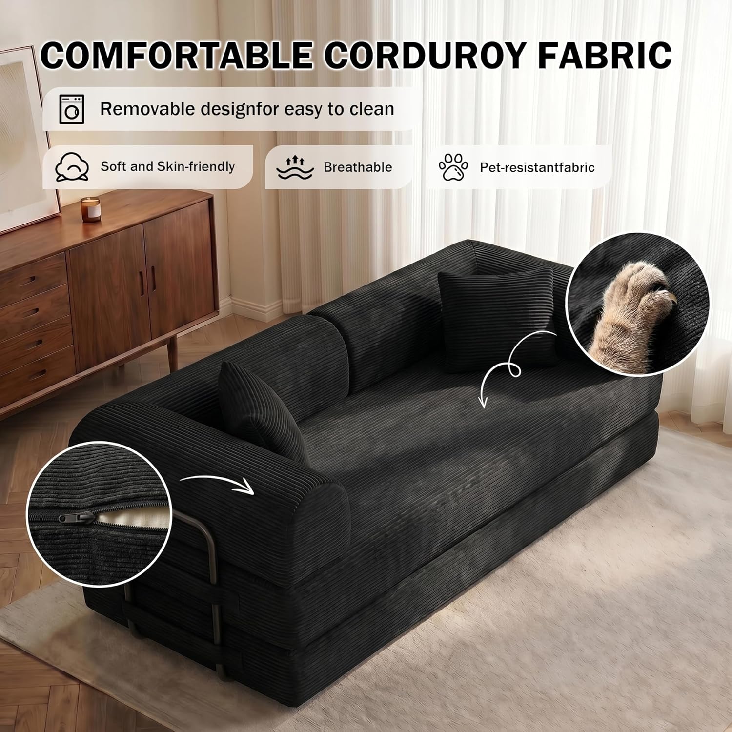 79" Convertible Sofa Bed, Futon Sleeper Sofa,Boneless Couch for Living Room | Corduroy Futon Sofa Bed, Modular Floor Couch with Pocket Springs and 2 Pillows, Couch Bed No Assembly | Black