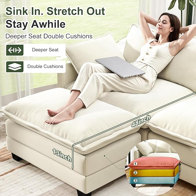 146" Cloud Couch Sectional, U Shaped Modular Sectional Sofa, 4-Seat Deep Seat Couch with 6 Removable Washable Pillows and 2 Ottoman for Living Room, Bedroom, Apartment, Beige