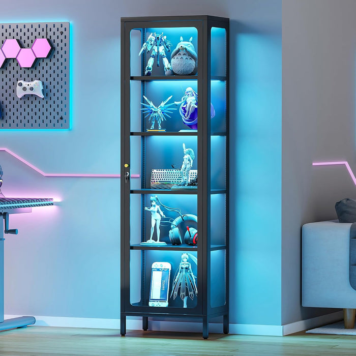 69" Glass Display Cabinet with Lock & 13-Color LED Lights, 5-Tier Locking Metal Cabinet with Adjustable Shelves, Secure Showcase for Collectibles, Action Figures, Trophies (Black)
