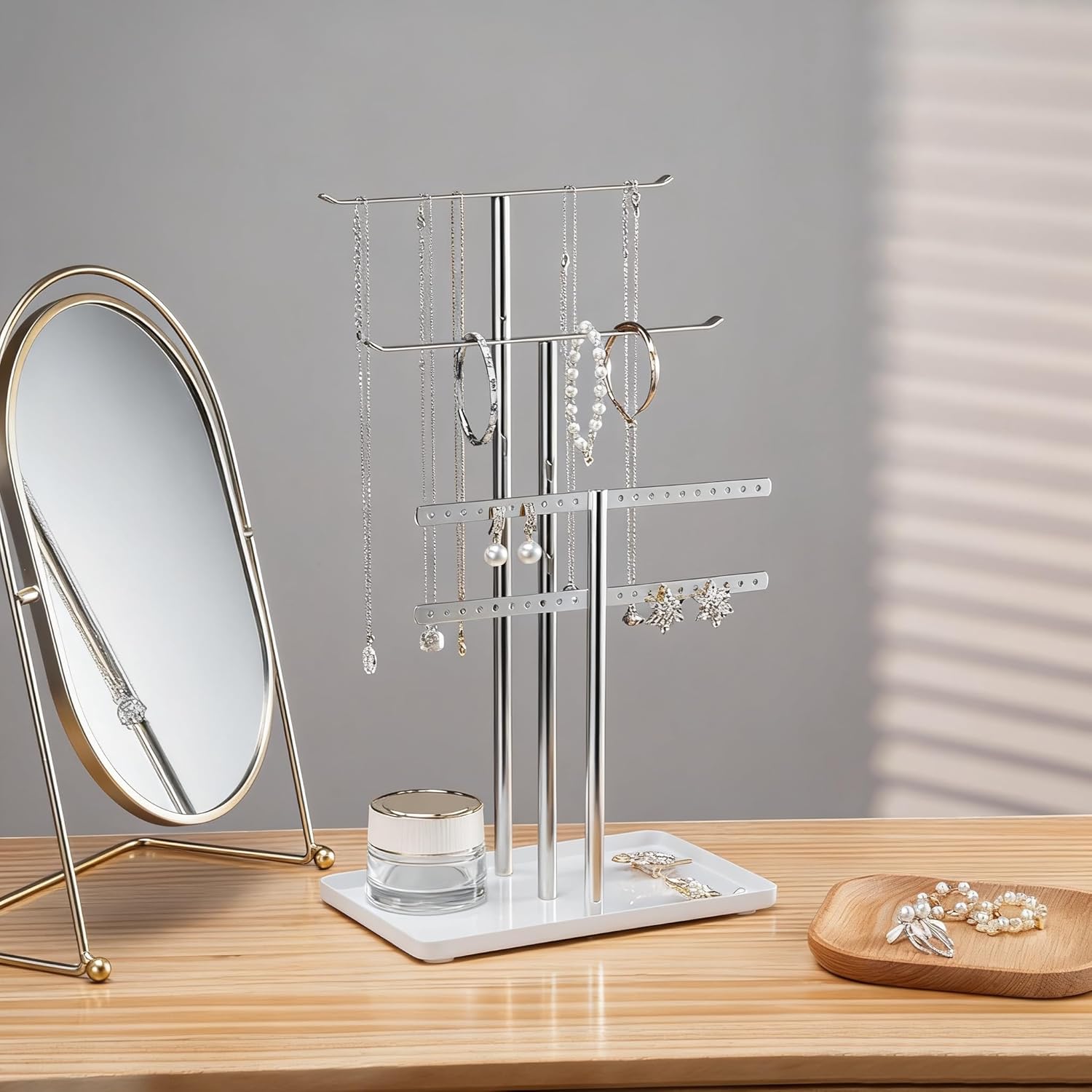 pickpiff Silver Jewelry Stand Holder Organizer: 14.5" Sturdy Hanger for 80 Pcs Jewelry, Chrome Jewlery Tower for Display Necklace, Earring, Bracelet, Watch