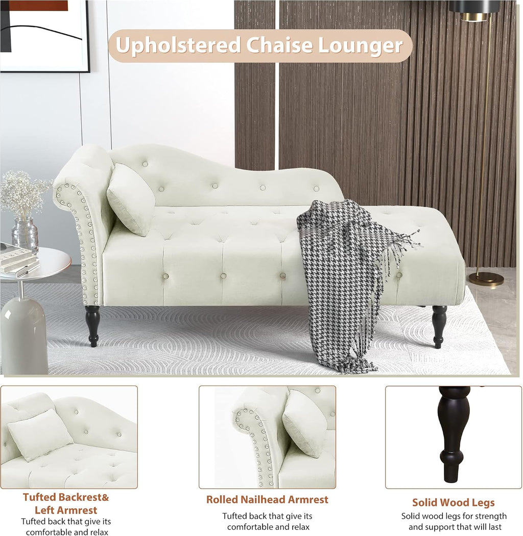 60" Chaise Lounge Indoor Velvet Button Tufted with Pillow, Nailhead Decorate Rolled Arm Chaise Lounge for Bedroom Living Room (White)