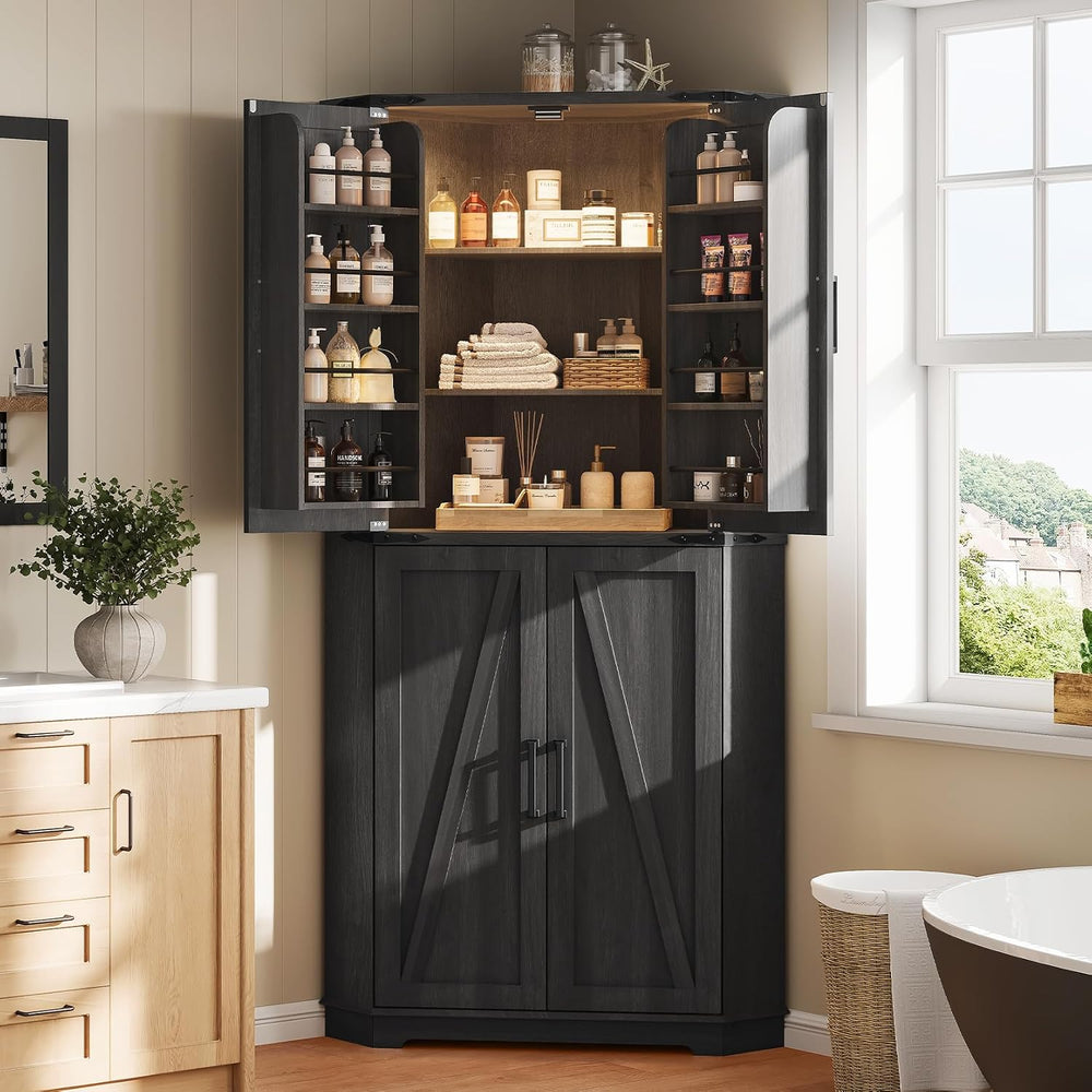 Dripex 71" Black Farmhouse Corner Pantry Cabinet with LED Light, Tall St...